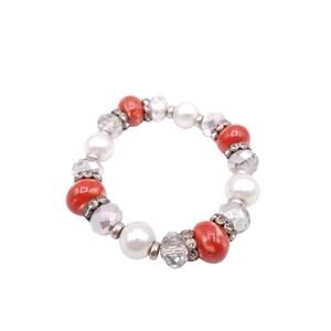 Stretch Bracelet Red Glass Beads Faux Pearls Crystal Rhinestone Spacers